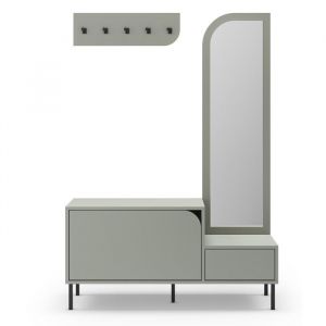 Meuble dentr&eacute;e meuble &agrave; chaussures aspect bois coloris vert avec miroir et portant pieds en m&eacute;tal noir