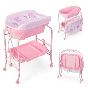 COSTWAY Table à Langer Bébé-Baignoire 20L 4 en 1 Pliante 4 RouesTuyau 1mPlateau de Rangement Coussin PVC Imperméable 35Kg Rose