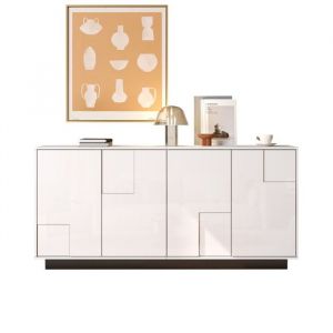 Buffet-Bahut Blanc et Noir Laqu&eacute; Brillant-4 Portes Formes G&eacute;om&eacute;triques-160x37x75.5cm-Grand Rangement Moderne Salon