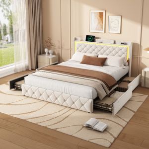 Lit140 x 190 cm lit double 140x190 avec sommier lit adulte avec LED et 4 tiroirs cadre de lit  avec port USB beige velours