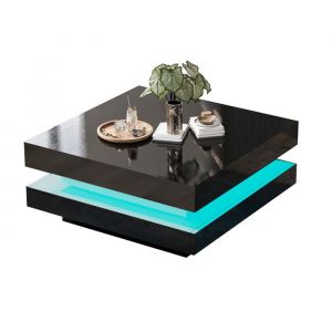 Table Basse LED Multicolore Carr&eacute;e Moderne Plateau Sup&eacute;rieur et Inf&eacute;rieur Panneaux de Particules 70x70x36 cm - Noir