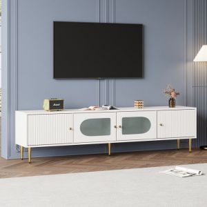 Armoire TV Elégante Meuble TV Bas Moderne Portes en Verre Bombé Meuble de Salon Blanc 170x35x50cm