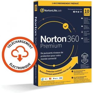 Norton™ 360 Premium 2022 10 Appareils  1 An dAbonnement  PC/Mac/iOS/Android - Téléchargemen