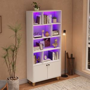 Vitrine - Biblioth&egrave;que 80 x 30 x 173 cm 7 compartiments 2 portes LED dambiance multicolore pieds en bois  blanc