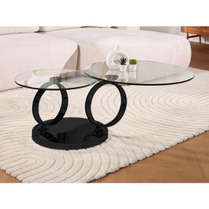 Table basse avec plateaux pivotants JOLINE - Verre trempé transparent et pied chromé noir de Maison Céphy