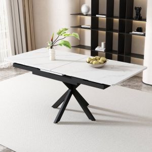 Table de salle à manger escamotable Table de salon rectangulaire 150/180 x 70 x 76 cm Design pieds croisés - Blanc