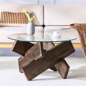 Table Basse Ronde en Verre Tremp&eacute; Table de Salon Moderne Design Transparente avec Pieds Cadre Crois&eacute; en Bois Noye Fonc&eacute; 79x79x45 cm