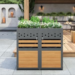 Abri cache-poubelle - Double 2x240L - Jardini&egrave;re int&eacute;gr&eacute;e - M&eacute;tal - Gris Aspect Ch&ecirc;ne