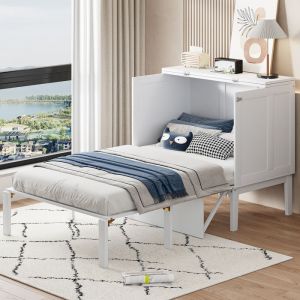 Lit escamotable 90x200cm sommier &agrave; lattes lit pliant mural vertical lit enfant bois et MDF blanc sans matelas