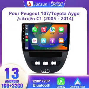 Junsun Autoradio Android 13 pour Peugeot 107 Toyota Aygo Citroen C1 1Go+32Go avec 10Écran Carplay GPS Bluetooth Android Auto