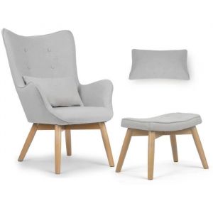 Fauteuil &agrave; oreilles - JANSPORT - Gris clair - 1 place - Style scandinave - Avec repose-pieds