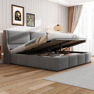 KoDise Lit coffre 160x200 cm Lit capitonné Lit double - avec tête de lit à oreilles et sommier à lattes - gris - sans matelas