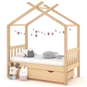 Lit Enfant Cabane OVONNI - Bois Massif - 70x140 cm - Avec Tiroir de Rangement