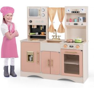 GOPLUS Cuisine Enfant en Bois avec Eeffets Sonores Appareils Complets 16 Accessoires Jeux de Chef pour Enfant 3+ Ans Rose