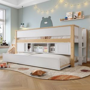 DRIPEX lit combiné enfant 90x200cm avec lit gigogne 90×190cmLit mi-hauteur avec  compartiments de rangementPorte coulissante