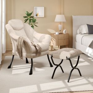 LUNSY Fauteuil Relax avec Repose-Pied Pliable Oreiller Poche Lat&eacute;rale -Fauteuil Rembourr&eacute; - pour Salon/Bureau - Blanc