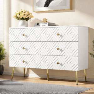 SOMUBI - Commode moderne blanche - 6 tiroirs - buffet - rangement - 120 x 40 x 80 cm - pieds en métal - pour chambre et salon