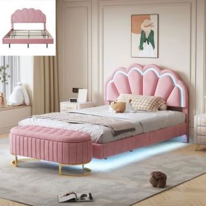 Lit Enfant Double 140x200 cm ave Banc coffre rangement Cadre de Lit avec LED et Sommier à Lattes Rose