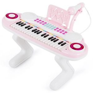 Piano Electronique pour Enfants 37 Touches Portable COSTWAY-Lumière Rythmique-Microphone-Pieds Détachables-8 Rythmes Educatif-Rose
