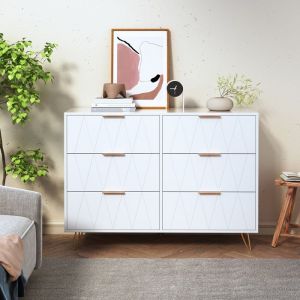 Commode blanche &agrave; 6 tiroirs - motif en losange - Meuble Rangement Moderne - Table de chevet  - Manche et Pieds Couleurs Dor&eacute;es