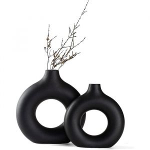 Lot de 2 vases c&eacute;ramique donut noir mat minimaliste nordique pour pampa (grand+petit)