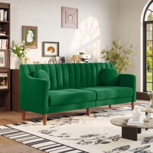 Grand Canap&eacute; 3 Places en Velours avec 2 oreillersCanap&eacute; Scandinave pour Salon Chambre BureauPieds Bois Massif206x74x83cmVert