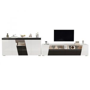 Ensemble Meuble TV avec buffet combin&eacute; laqu&eacute; brillant &eacute;clairage LED noir et blanc 180x38.5x45cm et 140x40x65cm
