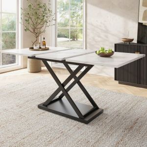 Abrihome Table &agrave; manger extensible en marbre blanc avec pieds crois&eacute;s en fer noir pour cuisine et salon - 120(160)&times;80&times;75 cm