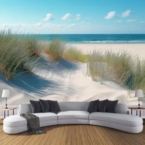Papier Peint Panoramique Paysage de dunes Soie400×280 CM Poster Geant Mural plage herbe verte 3D Moderne Décoration Murale Salon