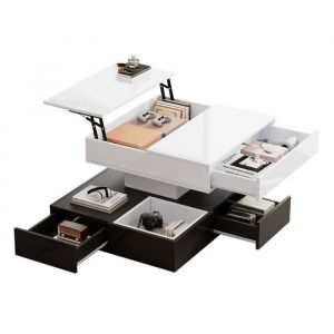Table basse avec plateau pivotant à 360° table de salon double couche avec 3 tiroirs table basse géométrique brillante relevable