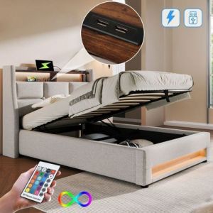 Lit Coffre 90x200 avec Sommier LED et USB Lit hydraulique avec Rangement et Tete de Lit Lit simple avec &agrave; 90 x 90 x 2 LIT COMBINE