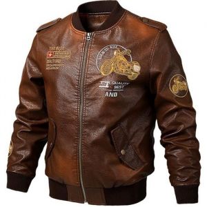Blouson Aviateur Simili Cuir Homme Mi Saison Slim Fit Veste Fashion Col Officier Vetement Printemps - Café