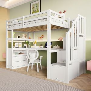 Lit Mezzanine 90x200 cm - Lit enfant Combin&eacute; avec Bureau et &Eacute;tag&egrave;re - Bois Massif et MDF - Blanc - Sans Matelas