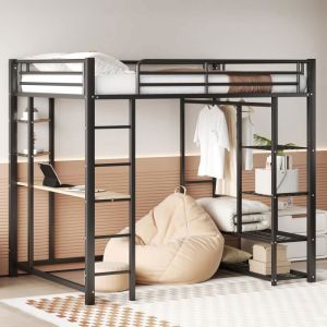 Lit mezzanine - LEYTN - 140x200cm - Métal Noir - Bureau et Armoire Inclus - 2 Places