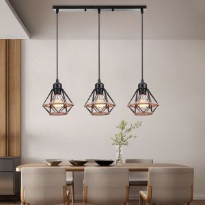 3 Lampes Suspension Industrielle r&eacute;tro &Oslash;16cm Cage Diamant Corde de Chanvre Luminaire Barre Lustre pour Salle &agrave; Manger - SMOTOP