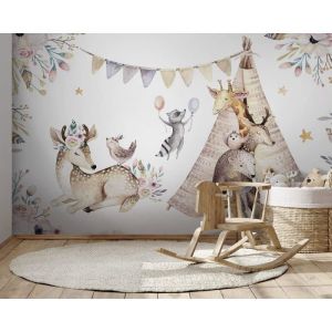 Papier Peint Chambre Enfant 300x210 cm 3D Effet Animaux Cerf Ours Girafe Z&egrave;bre For&ecirc;t Nature pour Gar&ccedil;on Fille Papier Peint