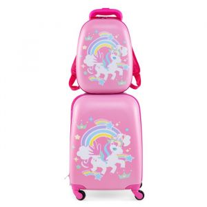 COSTWAY Valise Enfant à Roulettes 16’’ + Sac à dos 12’’ Ensemble de Bagage avec Motif Licorne pour voyages en avion Licorne Rose
