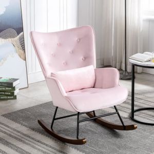 Fauteuil à Bascule Rocking Chair Chaise berçante Allaitement Bébé Tissu en Velours Style Scandinave Bois dHévéa Rose