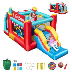 Château Gonflable 5 en 1 pour Enfants - COSTWAY - Toboggan - Zone de Saut -  Panier de Basket - Fosse à Balles Sans Souffleur