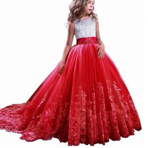 Princesse Robe FillesBrod&eacute;es Robe Ceremonie Fille  de SoireeSans manches Robe Mariage Fille de Communion Costume-Rouge