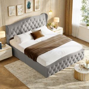 Lit Double 160x200 cm avec Rangement - Lit Coffre Adulte Mécanisme de levage hydraulique Design Rétro en Tissu Lin et Velours Gris