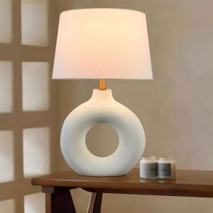 Lampe &agrave; poser marque Rentside - Mod&egrave;le NICOSIE en c&eacute;ramique avec abat-jour tissu - Ecru