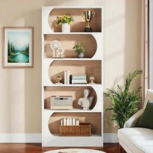 TOPESCT Biblioth&egrave;que &agrave; 5 Niveaux 80 x30 x 180 cm &Eacute;tag&egrave;res de Rangement Grande Biblioth&egrave;que Cubique Ouverte Blanc Noyer