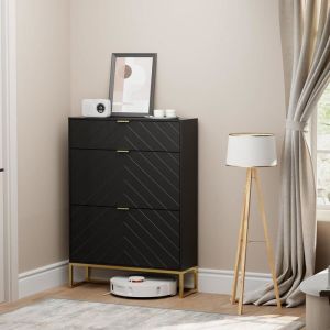 GOOBUY Armoire à Chaussure Inclinable 2 Rangements Chaussures Réglables et 1 Étagère Caché Motif Ligne 80x24x122cm Noir