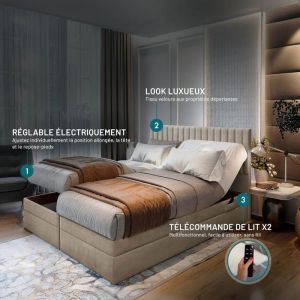 Lit adulte ADÈLE - ensemble matelas+sommier relaxation électrique - 160x200 cm - velours beige