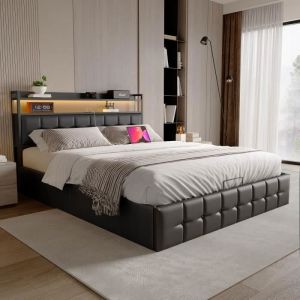 Lit coffre 160x200 cm LEWW Lit double avec LED et chargement USB rangements de tête de lit sommier à lattes en cuir PU noir
