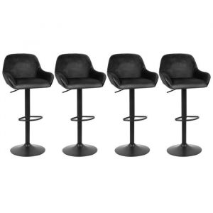 QIAN - 4 x Tabouret de Bar en Velours Noir Élégante Rétro - Réglable Hauteur / Pivotant - Chaises de Bar avec Dossier Accoudoirs