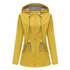 Trench-Coat Femme À Capuche Mi-Long Coupe-Vent Imperméable Extérieur Léger Grande Taille Couleur Unie - Jaune