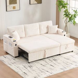 Canap&eacute; 3 places moderne lit escamotable velours c&ocirc;tel&eacute; avec rangement porte-gobelets et port USB-C. M&eacute;ridienne hydraulique. Beige