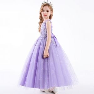 Robe de Soirée de Mariage Fille Sans Manches en Tulle Robe Princesse Cérémonie Pour 4-14 Ans - Violet clair